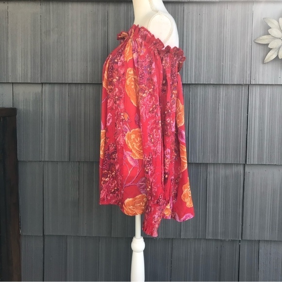 Free People fuscia floral off the shoulder long sleeve tunic - Picture 2 of 13